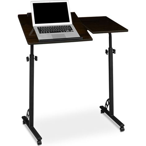 Relaxdays – Table PC réglable 110x80x50 cm – 4 roulettes avec freins – 2 plateaux pivotants – Bois MDF ébène – Support pour vidéoprojecteur/ordinateur