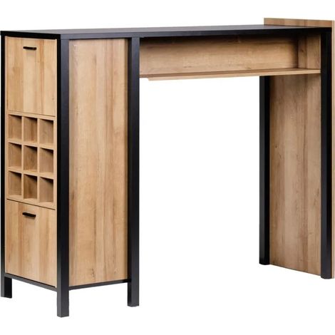 Table haute bar 9 casiers à bouteilles décor noir mat et chêne – Dimensions 151,5x120,3x49,3 cm – 2 portes réversibles – Fabrication européenne – Meubletmoi (1/5)