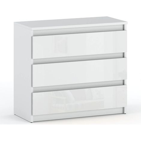 Commode enfant 3 tiroirs blanche brillante 80 cm – Panneau stratifié – Façades sans poignées – Glissières à billes silencieuses (1/5)