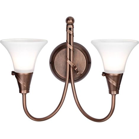 Applique lumineuse acier verre cuivre H 29,5 cm lampe couloir 2 flammes antique (1/5)