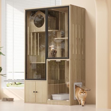 Maison d'intérieur pour chat avec cage à chinchilla, abri en bois pour félin, structure d'escalade avec sortie sécurisée, enclos pour petit animal, porte fermable, dimensions 90x50x160 cm, sans litièr (1/5)