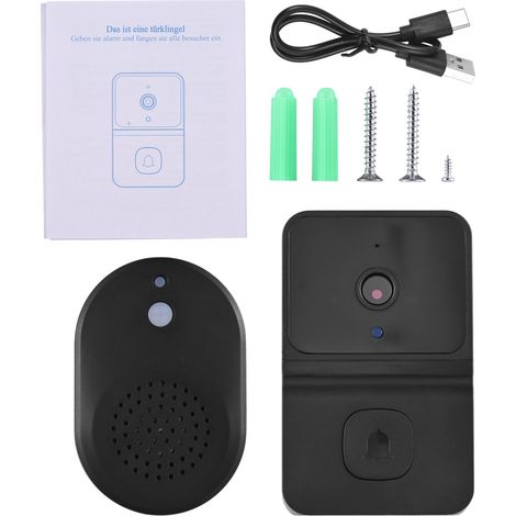 Sonnette vidéo intelligente avec sonnerie Dingdong, vision nocturne infrarouge, Wi-Fi 2,4 GHz, audio bidirectionnel, idéale pour villas, maisons, bureaux et appartements (noir). (1/5)