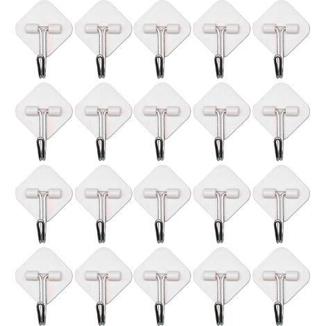 Crochets adhésifs, lot de 20, en plastique blanc, pour une fixation murale sans perçage.