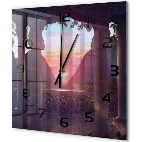 Grande Horloge Murale Carrée en Verre Trempé Moderne Silencieuse Sans Tic-Tac Architecture orientale 60x60 cm (1/5)