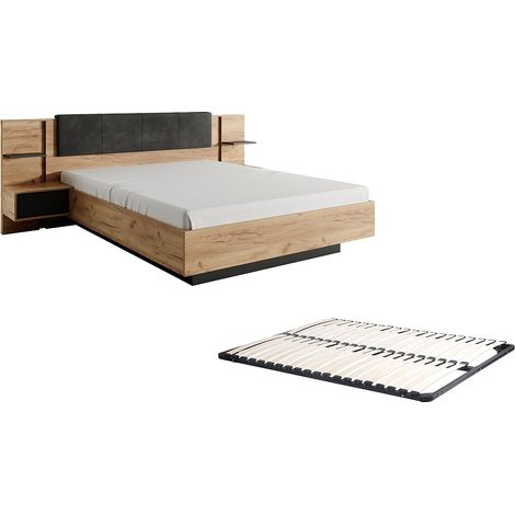 Letto con LED + Rete + Comodini 160 x 200 cm Naturale e Antracite - ELYNIA (1/5)