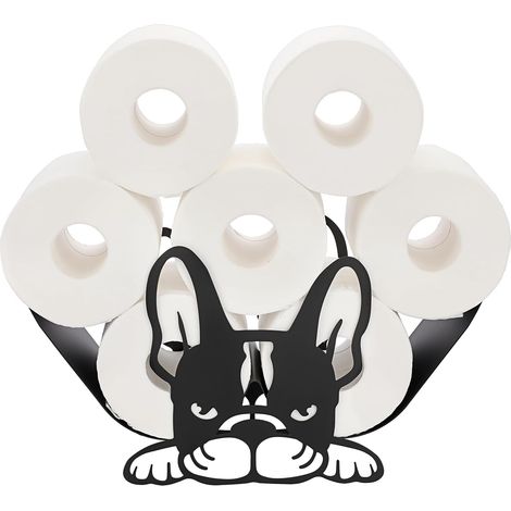 Porte-rouleau de papier toilette en métal noir - Support mural sans perçage - Décoration murale pour salle de bain, cuisine - Forme bouledogue français (1/5)