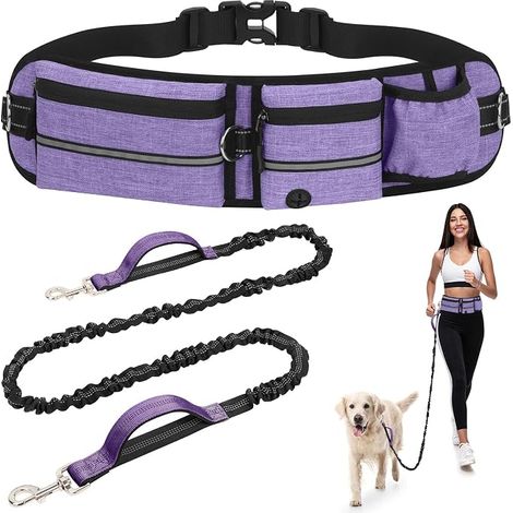 Hands Free Dog Leash with Adjustable Belt and Waist Bag, Canicross Anti-Pull Lead, Removable Elastic Lead 150-220 cm, Reflective Band for Running and Walking, Purple (1/3)