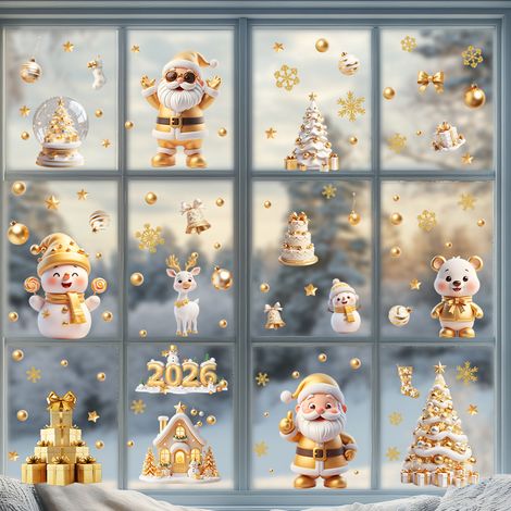 Adesivi statici dorati natalizi per finestre, bolle, fiocchi di neve, sfere di cristallo, Babbo Natale, decorazioni natalizie, adesivi per finestre, nove fogli (1/5)