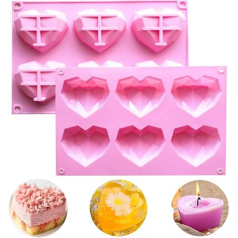 Herzförmige Silikonformen, Set mit 2 herzförmigen Mousse-Kuchenformen mit je 6 Mulden, Diamant-Kuchenform (1/3)