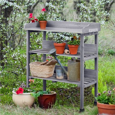 Homevive Mesa Jardinería 3 Niveles de Madera para Plantación 90cm de Altura con Superficie de Trabajo de Metal Impermeabilidad y Durabilidad Gris (1/5)