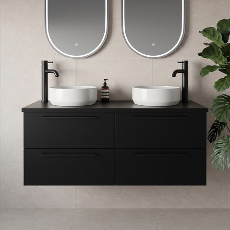 Napoli 460 Matt Black 1200mm Wall Mounted 4 Drawer Vanity Unit for Countertop Basins - 1200mm - Matt Black 320mm Handle