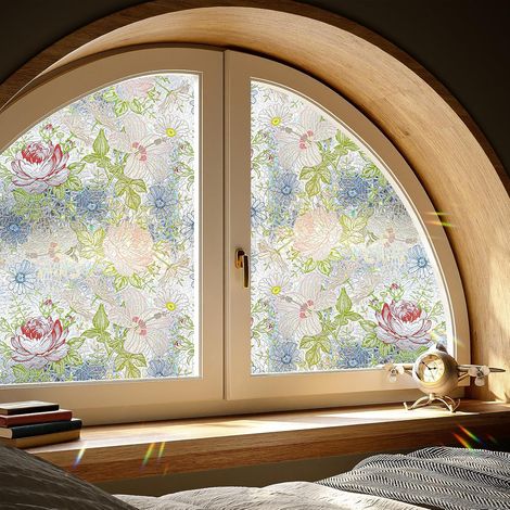 Film Occultant Fenêtre Salle de Bain Effet Arc en Ciel 44.5cm x 200cm Film Fenetre Anti Regard Autocollant Vitrail Motif Fleur Imperméable PVC Sticker Vitre Decoratif pour Voiture Salon Porte (1/5)