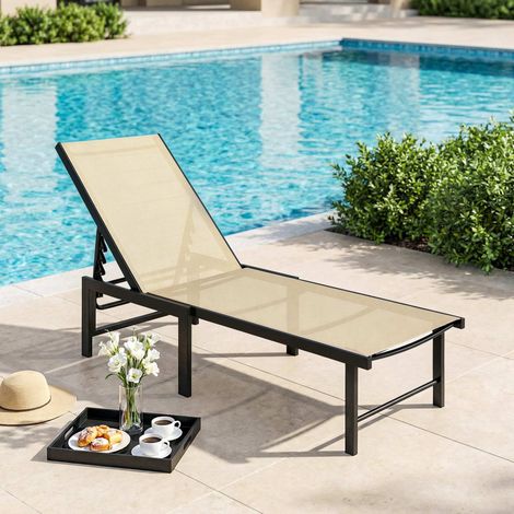 166x60x84 cm - Chaise longue inclinable de jardin extérieure doté de dossier réglable à 4 positions et cadre en acier kaki (1/4)