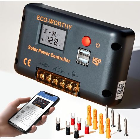 Contrôleur de Charge solaire 30 A pour Panneaux Solaires et Batteries, Contrôleur Intelligent avec 2 Ports USB, PWM 12/24 V, Compatible avec les Batteries au Lithium, au Plomb et au Gel. (1/5)