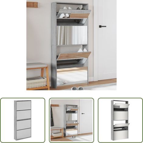 Schuhablage - Schuhschrank mit Spiegel 4 Fächer Grau Sonoma 63x17x134 cm (1/5)