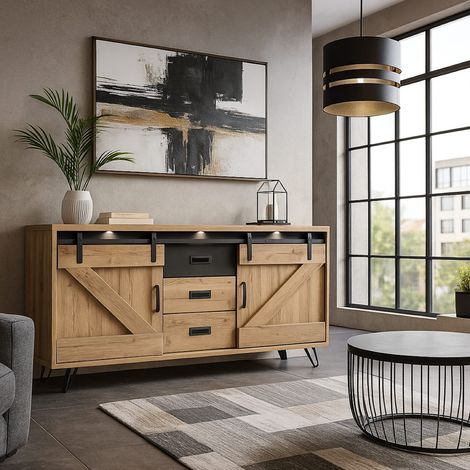 Buffet industriel décor chêne clair 3 portes avec LED COSTA (1/4)
