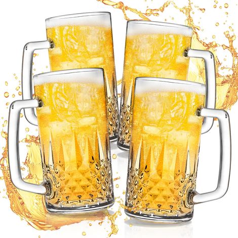 Lot de 4 tasses à bière en verre transparent pour congélateur, 591 ml, grandes steins de bière transparents avec poignée, cadeaux pour homme (1/5)