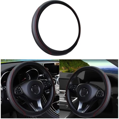 Couvre Volant Élastique en Microfibre Cuir, Housse Antidérapante Respirante Souple, Diamètre 38 cm, Universelle pour Voiture (Noir-Rouge) (1/5)