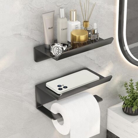 Ensemble Porte-Rouleau De Papier Toilette, Porte-Rouleau De Papier Toilette avec étagère Et Support pour Téléphone Portable, Mural Ou Autocollant, Porte-Rouleau De Papier Toilette - Gris (1/5)