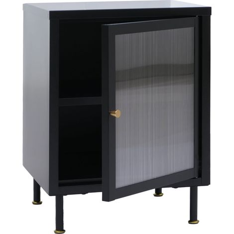 Comodino in stile industriale con 2 vani portaoggetti 55x41x41 cm con maniglie dorate struttura in metallo nero e vetro testurizzato 040008858