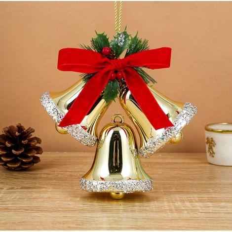 Cloches de Noël suspendues dorées à paillettes argentées 26 cm, décoration sapin et porte (1/4)