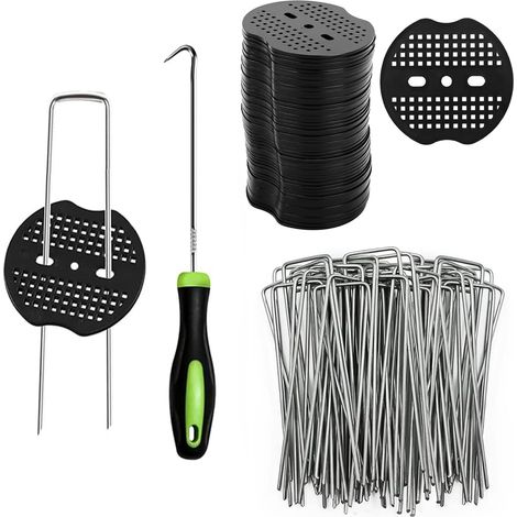 Lot de 100 piquets de jardin galvanisés avec 100 rondelles – Piquets de fixation en acier galvanisé, ancrages au sol inoxydables, kit de fixation pour paillage et jardinage (1/5)