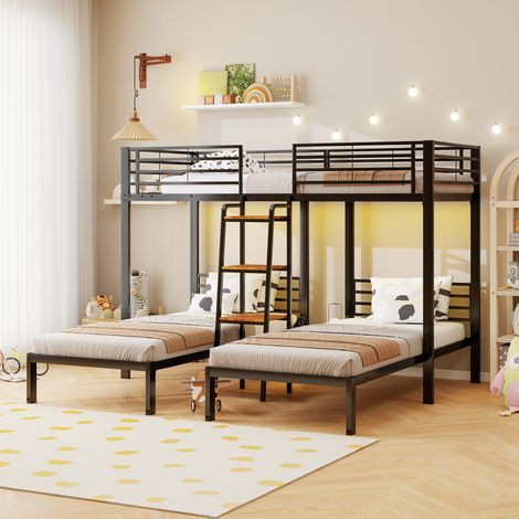 Lit superposé 3 personnes lit triple métal lit en hauteur en L avec 2 lits simples échelle intégrée protection anti chute et étagère lit enfant gain de place pour enfants et adolescents noir (1/5)
