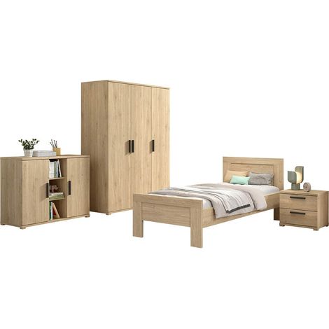 MARCO - Chambre Enfant Complète Lit 90x200cm Chevet Armoire 3P et Commode Aspect Chêne