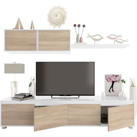 Parete Attrezzata Da Soggiorno Mobile TV 4 ante Pensile Con Pistoni A Gas E Mensola Sospesa Design Moderno Salvaspazio Salotto Odessa 200 x 43 x 41 Cm Bianco Lucido E Rovere