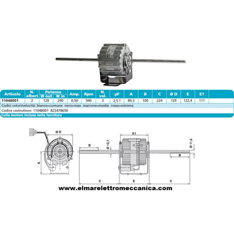 RPM 11048001 Motore 290 W BIALBERO 3 Velocità aspiratore Fan Coil