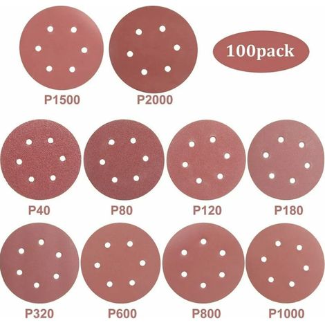 100 Pièces de disque abrasif de 150 mm, papier de verre 40/80/120/180/320/600/800/1000/1500/2000 (10 pièces par grain)