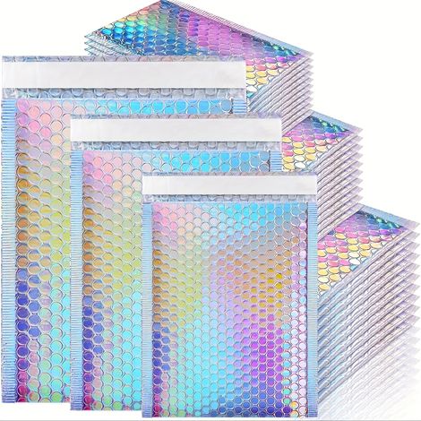 Packung mit 50 mittelgroßen holografischen Luftpolsterumschlägen, dicken Polyethylen-Selbstklebeumschlägen, reißfesten Versandtaschen, geeignet für kleine Unternehmen und Heimbüros. (1/5)