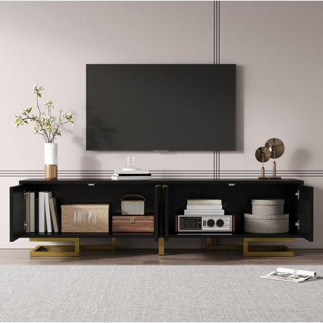 TV-Schrank 160x38x44.5 cm schwarz aus Spanplatte mit 4 Türen, goldfarbenen Metallbeinen und strukturierten Fronten (1/5)