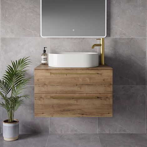 Napoli 460 Tobacco Oak 800mm Wall Mounted 2 Drawer Vanity Unit for Countertop Basins - 800mm - Brushed Brass 480mm Handle