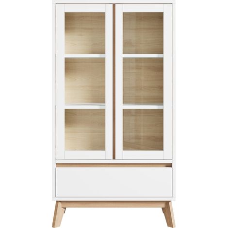Credenza alta da cucina in truciolato bianco e effetto legno 80 x 40 x 150 cm con ripiani regolabili (1/5)