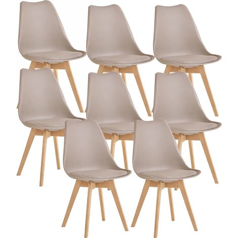 8 Chaises Tulipes Salle à Manger Scandinaves Bm Home Salle de Bureau, Pieds en Bois de Hêtre Massif, Couleur TAUPE
