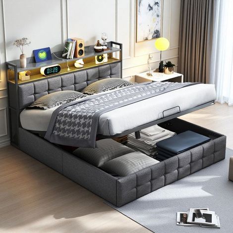 Cama doble 140x190 - Tapizado en lino gris - Cofre hidráulico - LED RGB y USB - Almacenamiento integrado en la cabecera