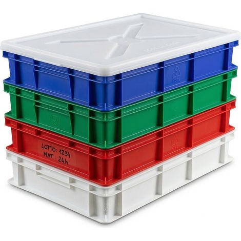 Kit 4 Cassette Porta Impasto Pizza Professionali 60x40x10 cm HDPE con Coperchio Set Multicolore Bianco Rosso Verde Blu per Lievitazione IMPASTI HACCP ANTICONTAMINAZIONE ALIMENTARI Capacità 20 Litri