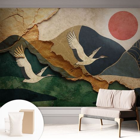 Papier peint décoratif avec colle pour salon, chambre à coucher et bureau – Design moderne et facile à poser Grues de l'Est 312x219 cm (1/5)