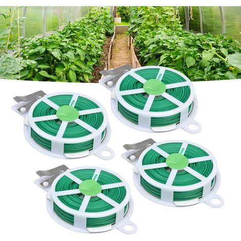[Lien de jardin] 4 pièces attaches pour plantes métalliques de 50m vertes avec coupeur intégré pour fixation et soutien dans jardin terrasse ou plantes d'intérieur (1/5)