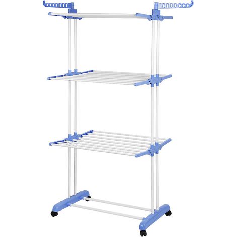 Etendoir A Linge Sur Pied - 3 Niveaux - Hauteur Réglable 75-126 cm - Charge Max 35 kg - Roulettes Intégrées - Pliable - Acier Peint Et Plastique Écologique - Bleu Et Blanc (1/5)