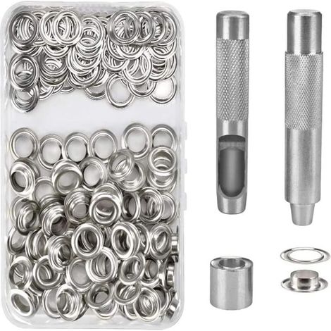 100 Kit de Grommets Eyelets Outils Metal Ensembles Oeillets 14mm Grommet Kit Oeillet pour Toile Bache Tente de Réparation Argent