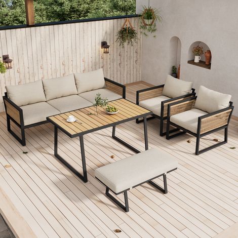 Ensemble salle à manger de jardin avec fauteuils lounge 5 pièces, canapé 3 places, 2 fauteuils, pouf et table à manger, plateau imitation bois, accoudoirs en corde tressée, acier galvanisé, beige