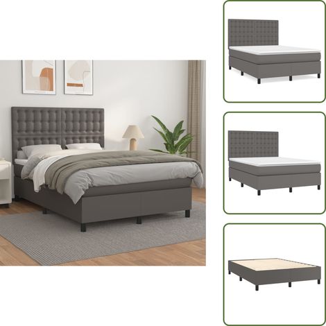 The Living Store Cama box spring con colchón cuero sintético gris 140x190 cm - Colchón de muelles