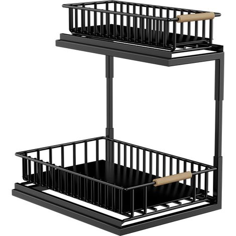 Rangement coulissant à 2 niveaux sous évier, organisateur en métal antirouille avec poignée en bois, rangement multi-usage sous évier pour cuisine et salle de bain (1/5)