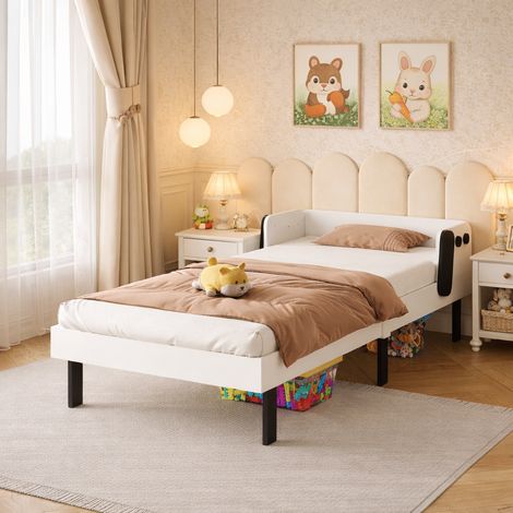 Lit enfant 90x200 cm, lit simple avec sommier à lattes et protection anti-chute, cadre de lit avec tête de lit, en bois de pin, pour bébé garçon et fille, adolescents, blanc