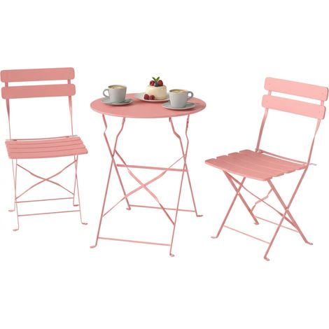3-teiliges Garten-Set: Tisch und 2 klappbare Lattenstühle mit doppeltem Rostschutz – Rosa