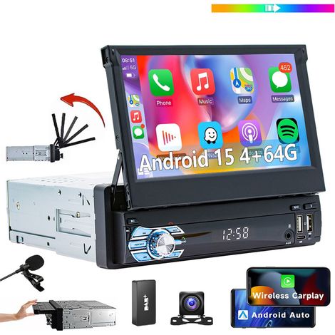 Autoradio 1 DIN 7 pouces rabattable Android 15 Carplay GPS WIFI FM BT - 4+64G DAB+ MIC CAM