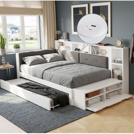 Letto singolo 234.5x140x92.5 cm, letto estraibile, vano contenitore, legno e tessuto bianco e grigio (1/5)