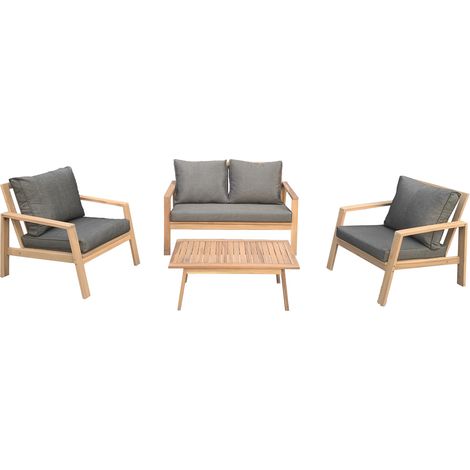 Happy Garden – Salon de jardin en acacia 4 places GILI – Canapé 2 places et 2 fauteuils – Coussins déhoussables gris – Table basse 90x50cm